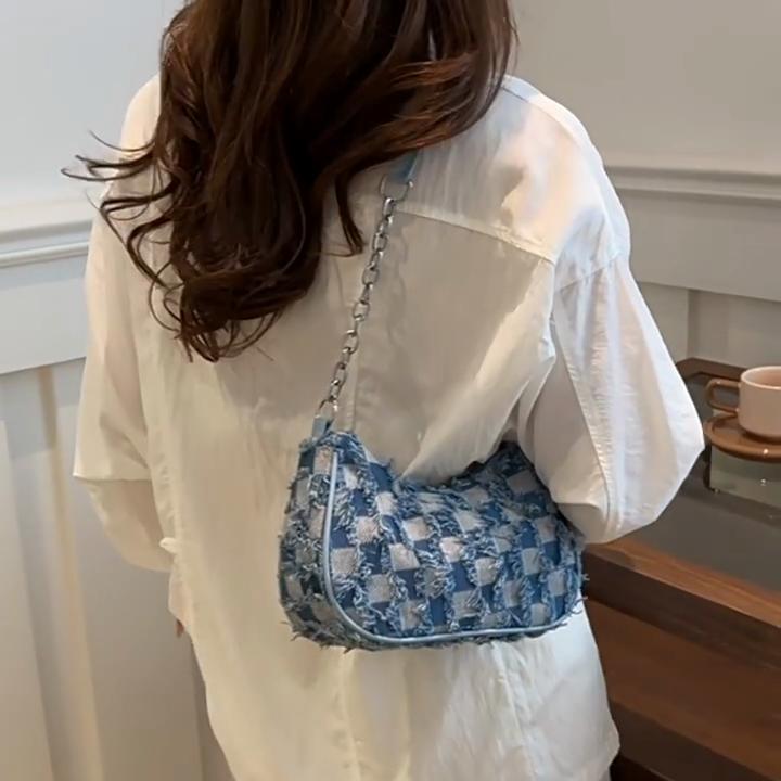 Womens Star Pattern Chain Decor Small Shoulder Bag Trendy Vintage Y2k Denim Underarm Bag Korean Star Women's Handbag Lady KTY