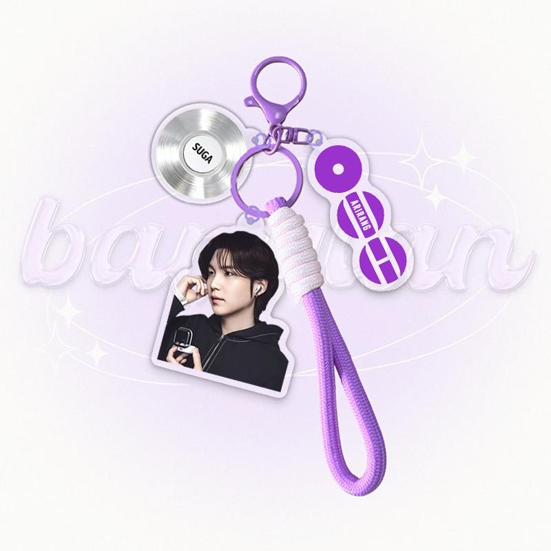 BTS Member Photo Acrylic Keychain with Purple Braided Strap, Bangtan Boys Vinyl Disc Charm Keyring, Kpop ARMY Fans Bag Accessory