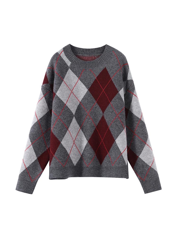 Women's Diamond Patterned Jacquard Knitted Round Neck Sweater Women's Warm and Fashionable Winter Round Neck Pullover 2025