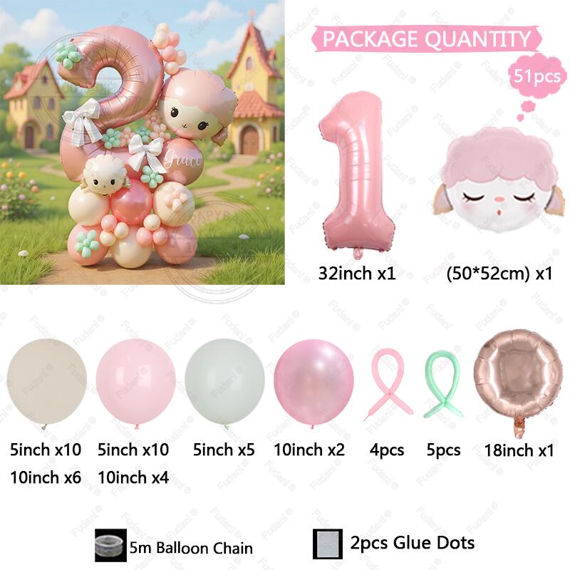 51Pcs Cute Pink Sheep Aluminum Film Balloon Pink Digital Balloon Set Girl Birthday Party Decoration Baby Shower Globos Gifts