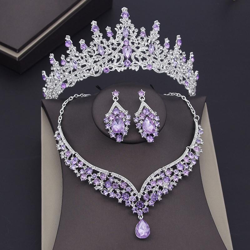 Gorgeous Blue Crystal Wedding Crown Necklace Sets For Women Bridal Jewelry Sets Earrings Prom