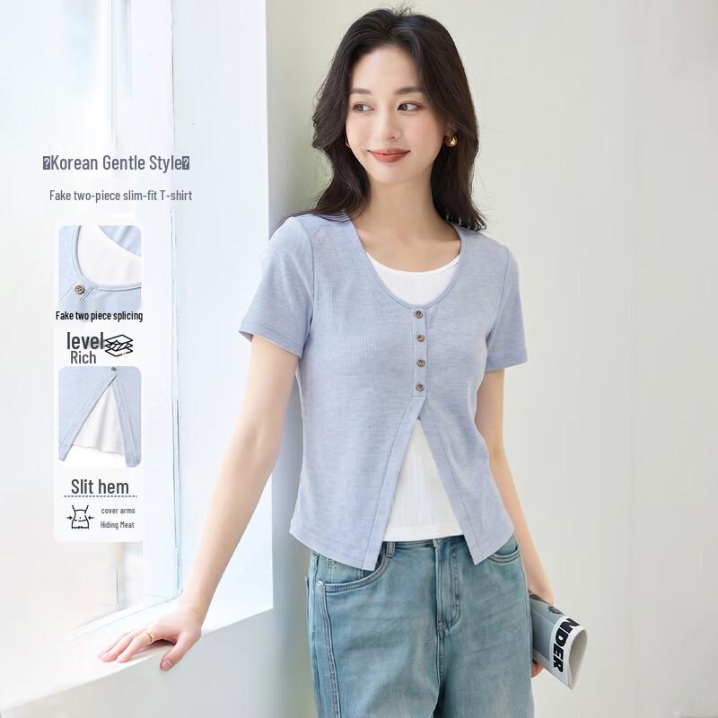 Women s Faux Two-Piece Contrast Short-Sleeve T-Shirt M