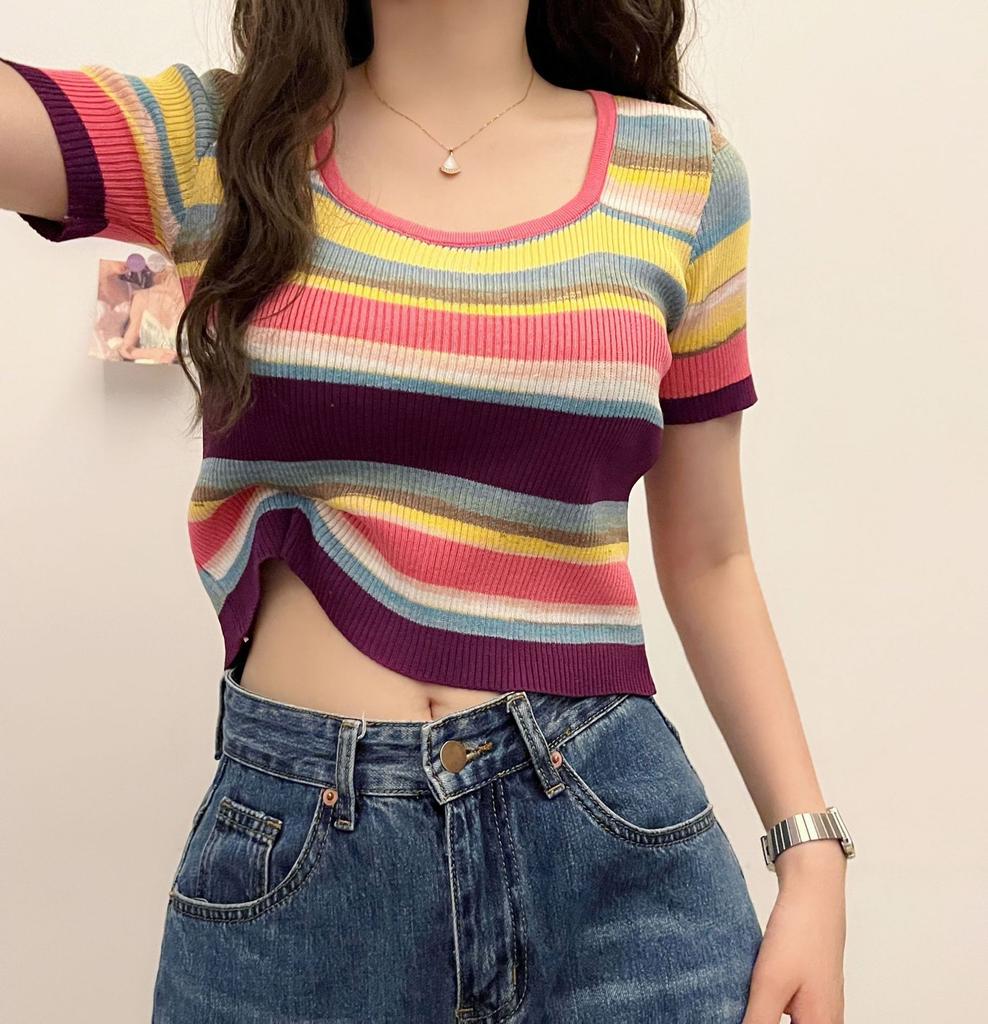 Sweet and Spicy Square Neck Striped Knit Shirt Female Summer Year Slim Thin Positive Shoulder Short Section Short-sleeved Tops Casual Pullovers Tees