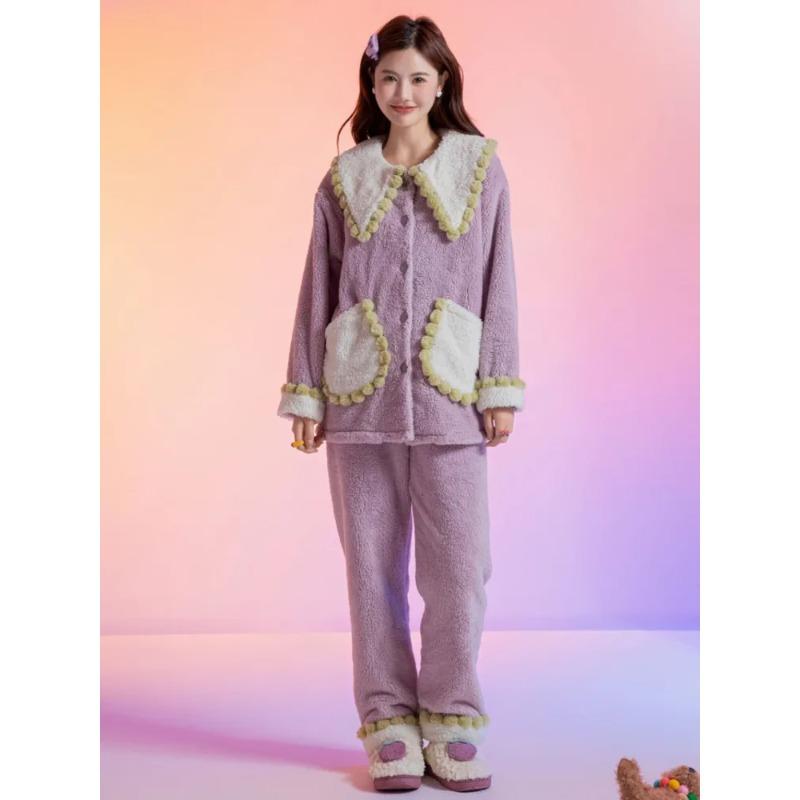 Soft Pajamas Women's Autumn and Winter New Half Side Velvet Sweet Doll Collar Cardigan Home Clothes