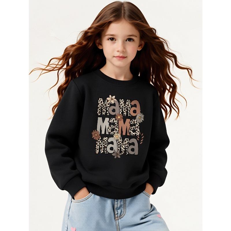 Kids Girls Crewneck Sweatshirt, Leopard Print Stacked Mama Letter With Daisy Floral Print Soft Fleece Pullover 110