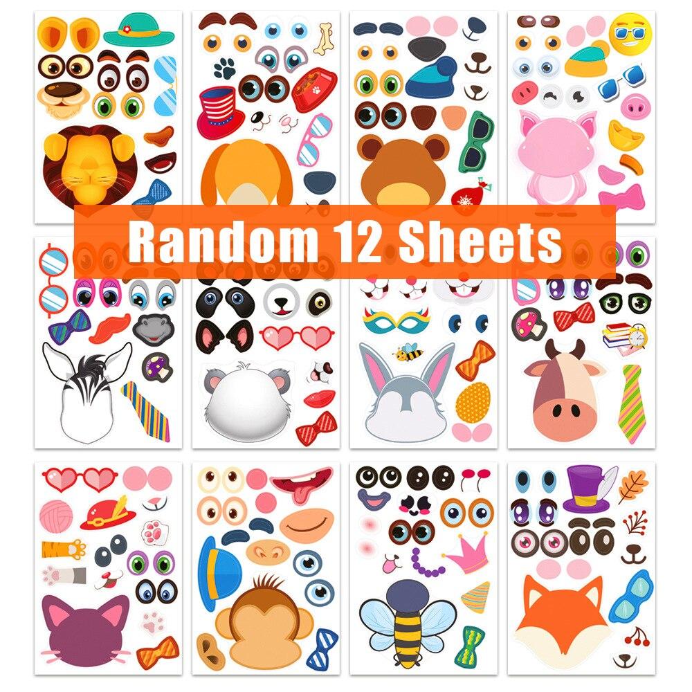 

12Sheets Children DIY Puzzle Sticker Games 12 Animals Face Funny Assemble Jigsaw Stickers Kids Educational Toys Boys Girls Gifts