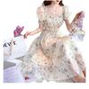 White Square Neck Dress, New Summer Drape French Temperament, Sweet Waist and Thin Ink Painting Dress