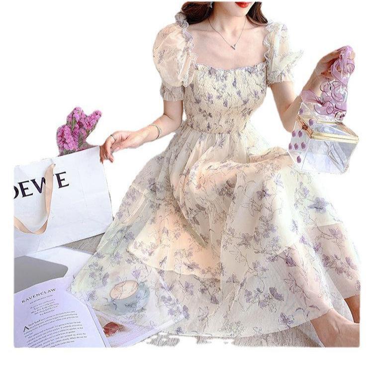White Square Neck Dress, New Summer Drape French Temperament, Sweet Waist and Thin Ink Painting Dress