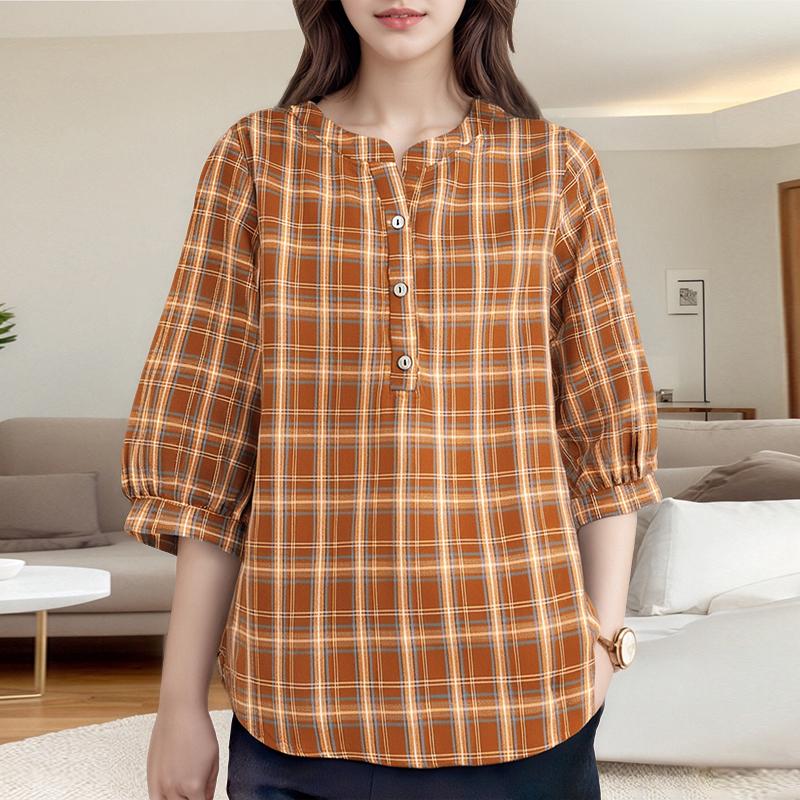 

ZANZEA Женская повседневная блузка с V-образным вырезом и рукавом 3/4, с ретро клетчатым принтом 2XL оранжевый