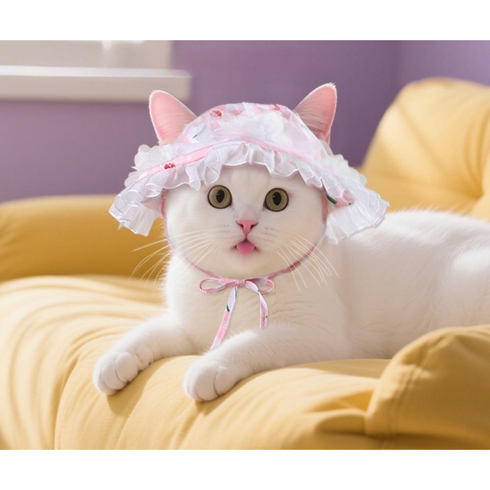 New Cat Hat Lace Princess Hat, Sunshade Pet Hat Floral Lace Dog Hat