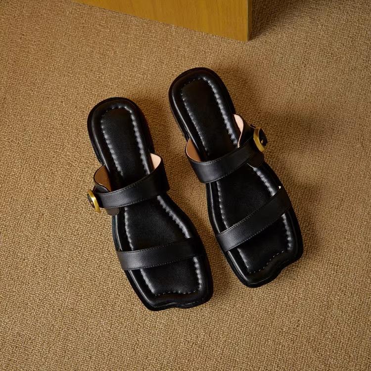 

Lan Cabinet Французские ретро однословные тапочки женские летние 2025 новые квадратный носок низкий каблук с открытым носком прохладные тапочки 35 чёрный