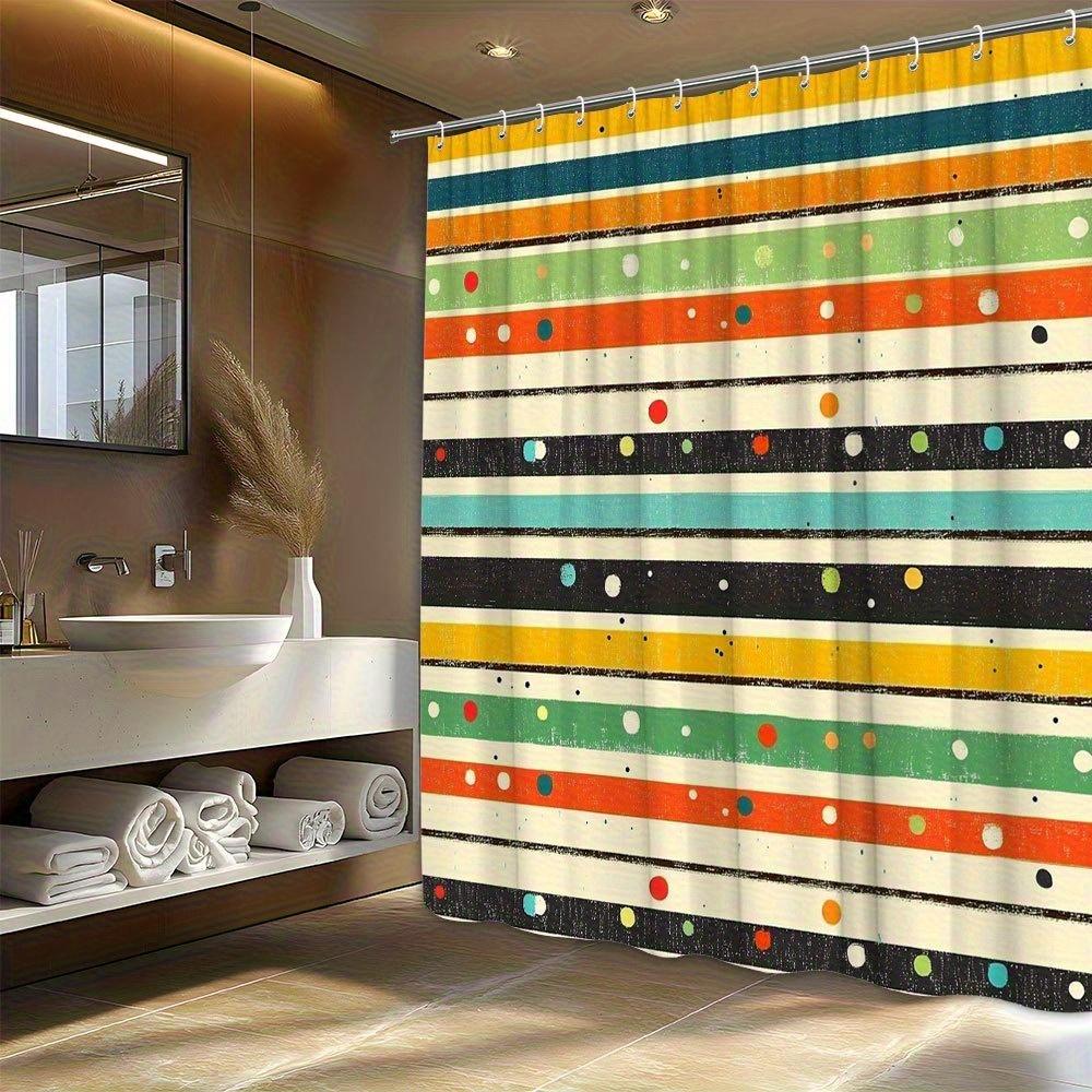 1-PC Vintage Stripe Polka Dot Shower Curtain - Black, Green, Yellow, Orange, with Fun Polka Dots, 12 Hooks, 70X70 Inches, 90x180cm35x71in