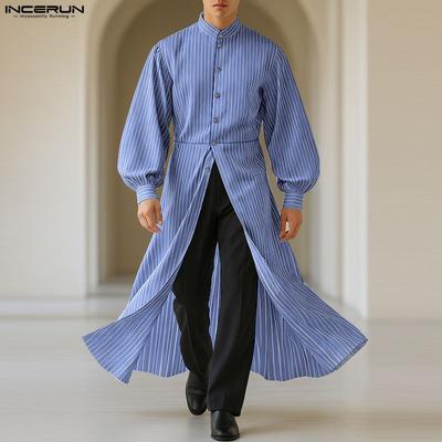 Chemises Longues Amples pour Hommes Col Montant Manches Bouffantes Imprimé Rayures Boutons Fentes Hautes