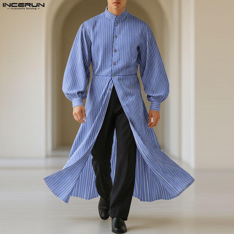 INCERUN Oversized Men Stand Collar Puff Sleeve Striped Print Buttons High Splits Long Shirts