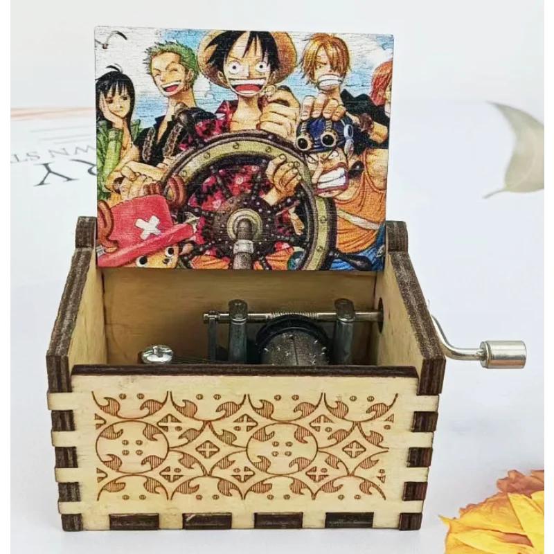 Anime One Piece Music Box Vintage Laser Engraved Wooden Hand Crank Music Box Room Decor Halloween Birthday Fans Toy Gift