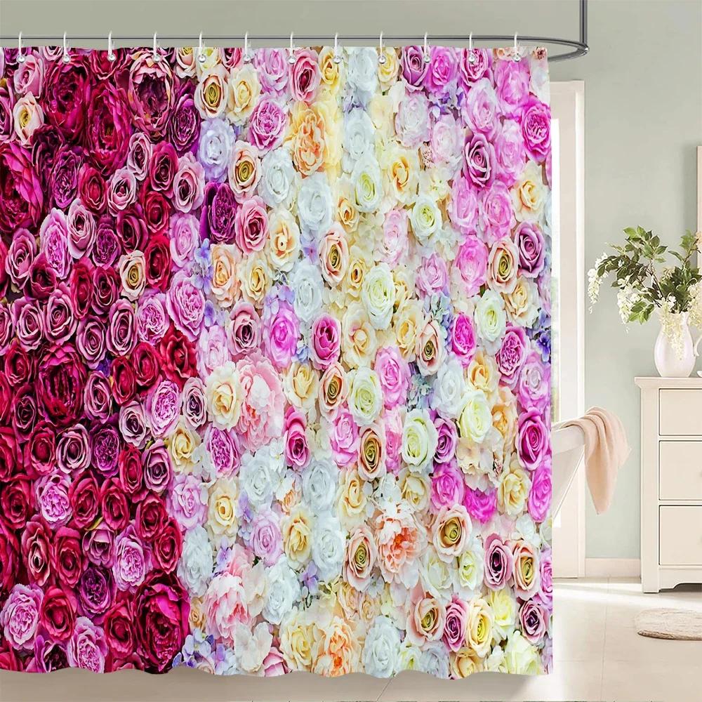 Rurality Fresh Flowers Wall Shower Curtains Bathroom Shower Curtain 3D Fabric Bath Curtain With Hooks Waterproof Bath Screen