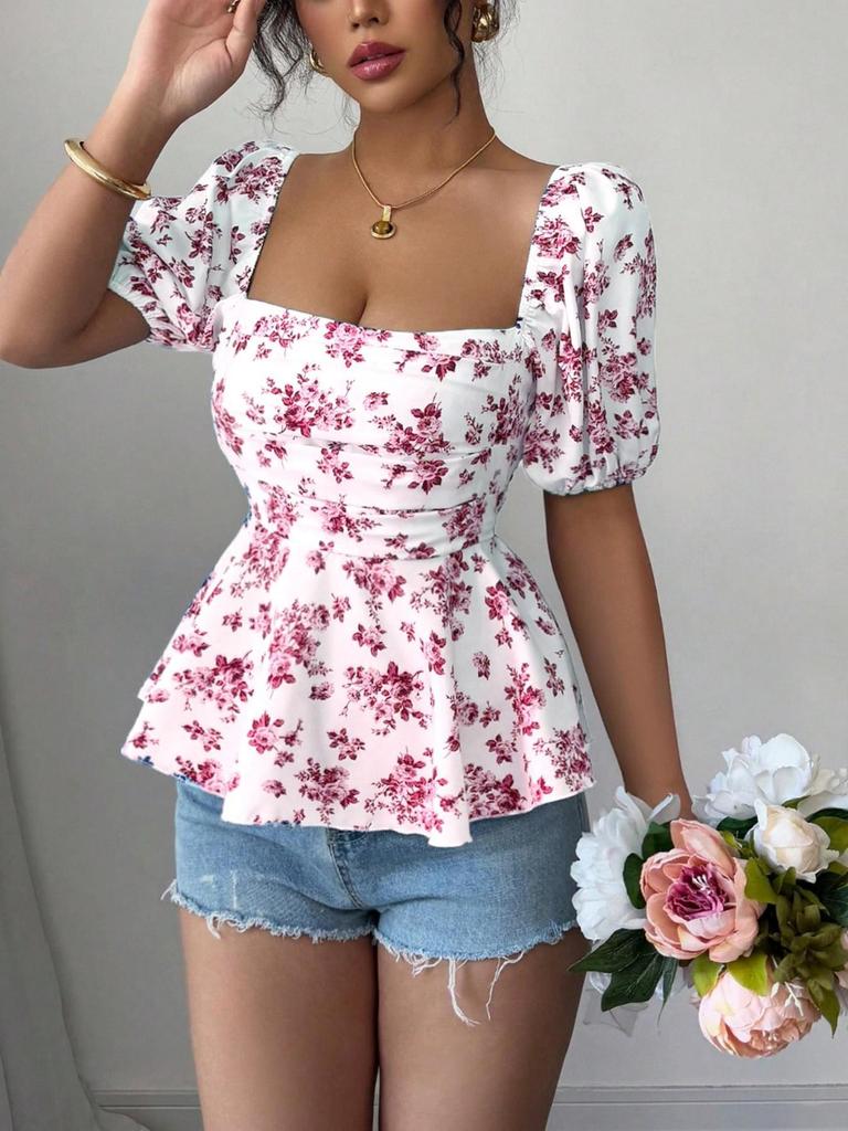 Elegantes Sommer-Quadratkragen-Blusenshirt mit Puffärmeln und Taillengürtel