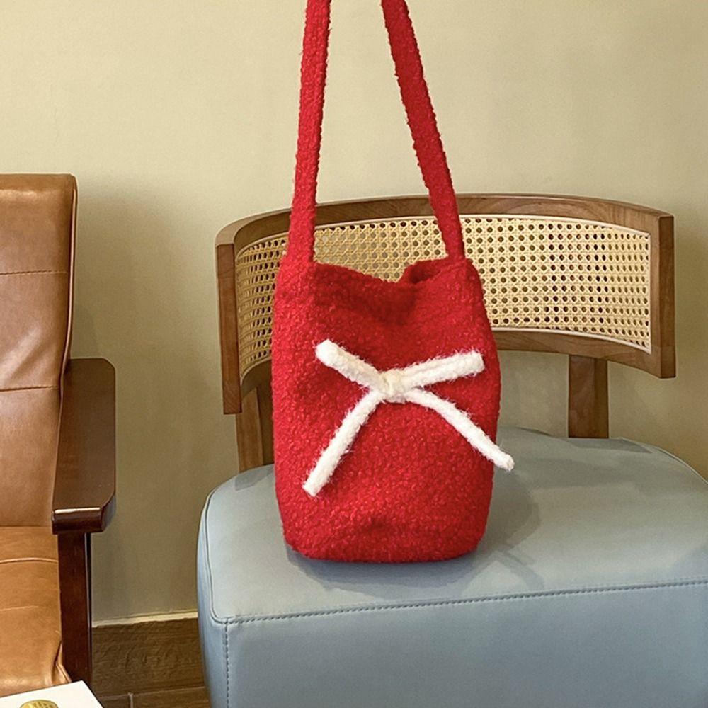 Single Shoulder Red Crossbody Bag Bow Decoration New Year Red Tote Plush Bucket Bag New Year