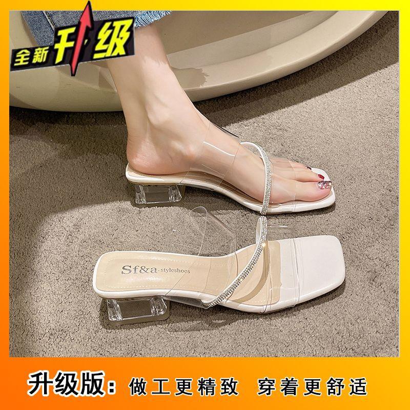 2025 summer new fairy wind transparent sandals Internet celebrity rhinestone square head middle heel sandals casual wear cool slippers