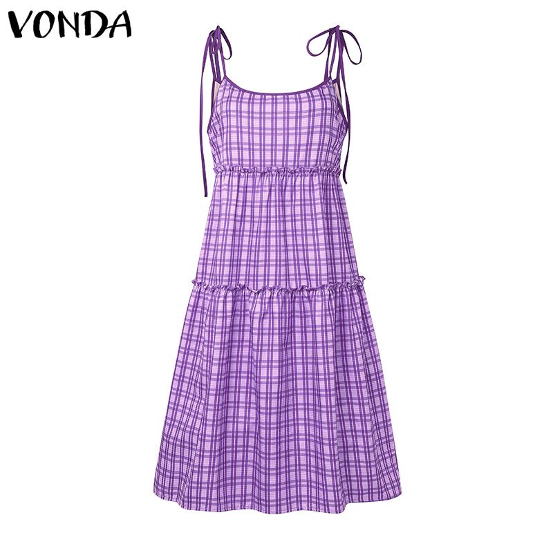 

VONDA Женское повседневное платье-майка без рукавов на бретелях в клетку, свободного кроя, плиссированное 4XL фиолетовый