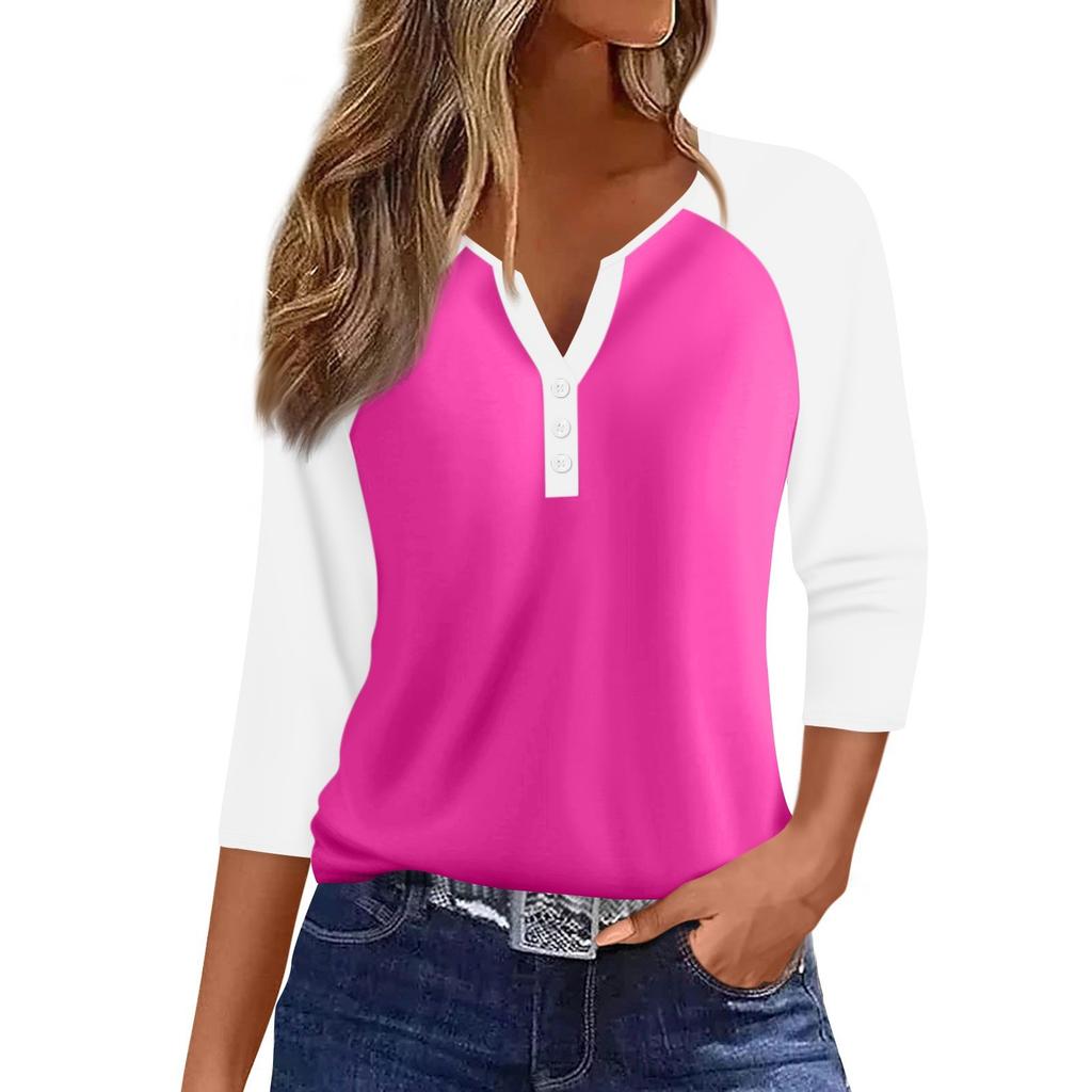 Women's Fashion Casual Raglan Sleeve Colorblock V-Neck Three-quarter Sleeve Decorative Button T-shirt Top