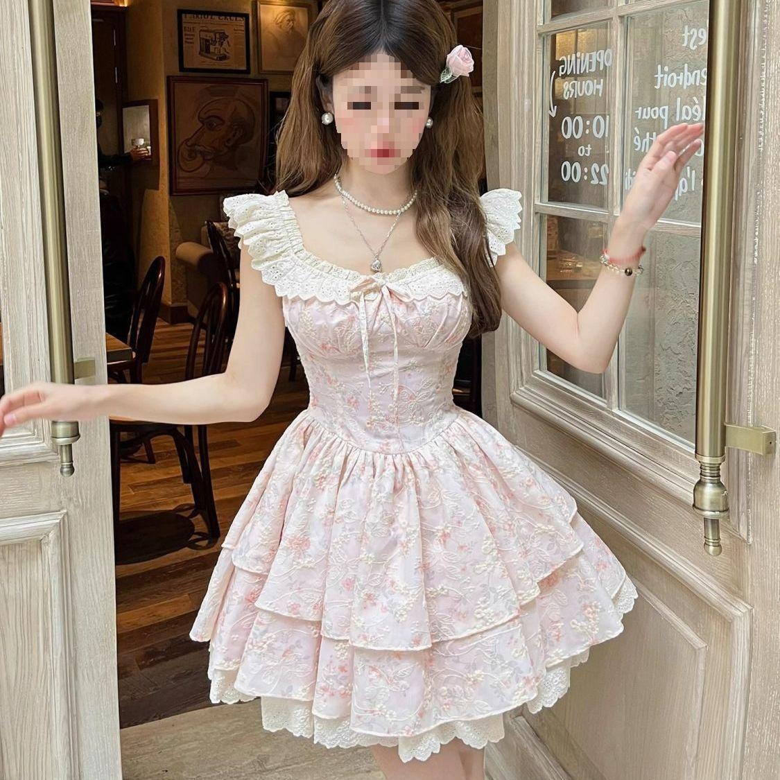 

New Arrival: French Floral Princess Mini Dress with Puffy Skirt and Flutter Sleeves S 38-45 kg розовый