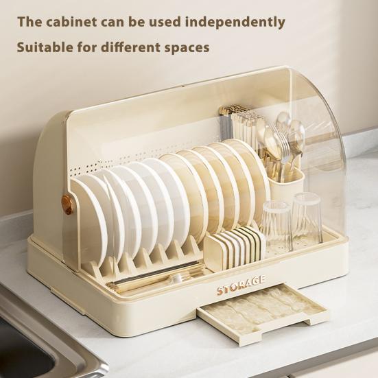 Stackable Tableware Storage Box Multi-Tier Dinnerware Organizer with Clear Lid Doors Hooks Dishes Plates Cups Storage Bins with Drainage Tray