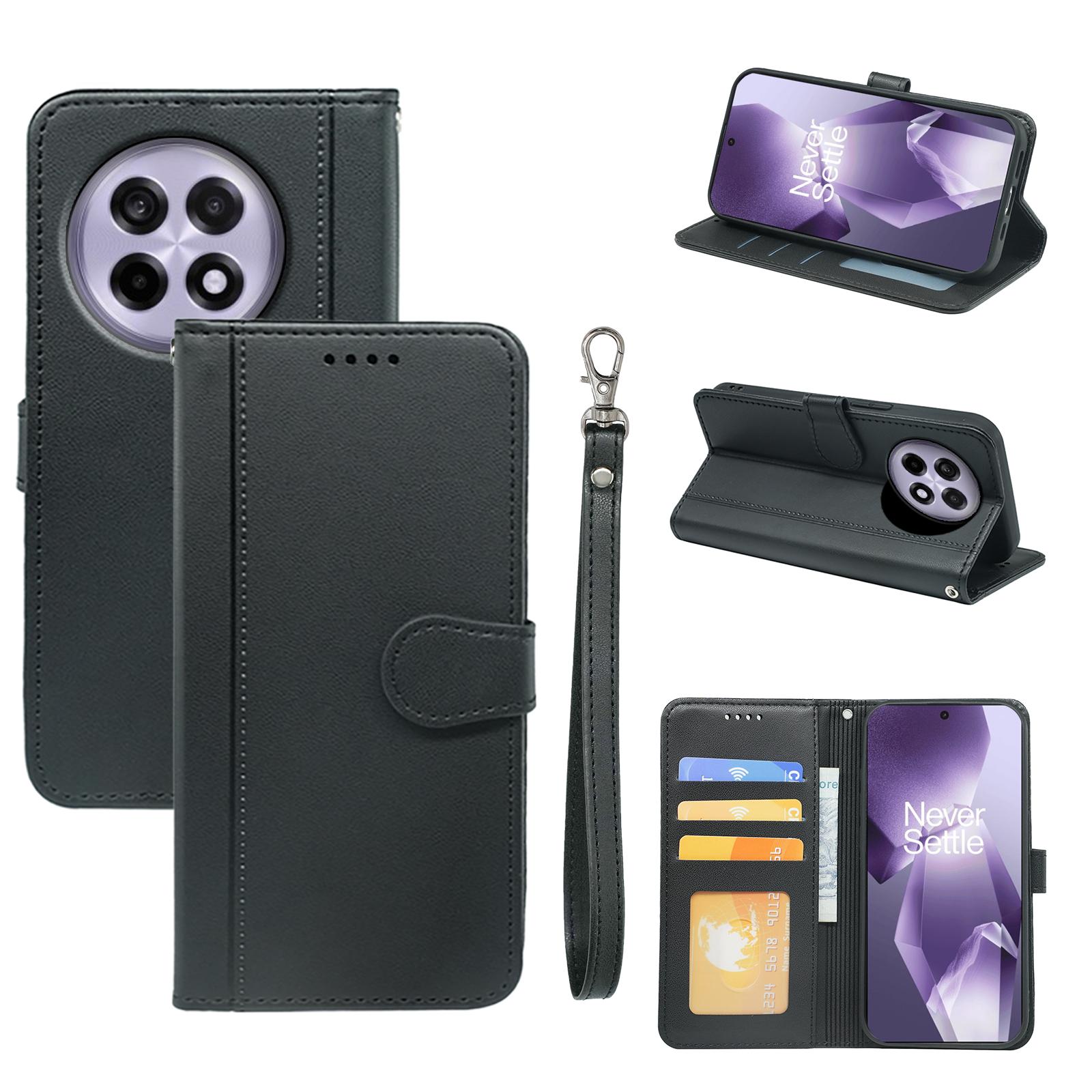 

For OnePlus 13R 5G Wallet Case Magnetic Snap Leather Phone Cover with Strap Black