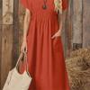 Women's Long Skirt European And American Style New Solid Color Round Neck Pocket Pleated Short-sleeved Cotton And Linen Dress