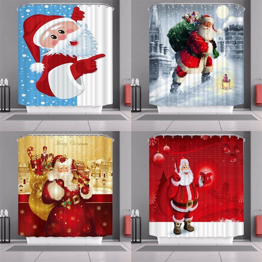 Christmas Shower Curtain With Hooks Waterproof Fabric Santa Claus 3d Printing