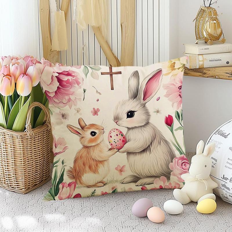 Easter Cute Bunny Print Pattern Home Decor Pillowcase Bedroom Living Room Sofa Decoration Polyester Cushion Cover with Zipper