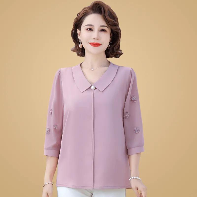 Women's Peter Pan Collar 3/4 Sleeve Chiffon Blouse with Floral Embroidery