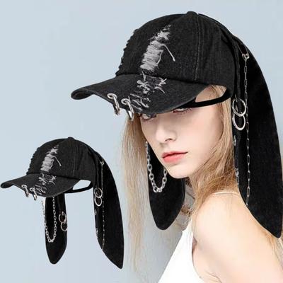 Ciemna Punkowa Denimowa Czapka Baseballowa Regulowana Zniszczona Denimowa Czapka z Metalowymi Pierścieniami 3D Uszy Królika Akcesorium Streetwear