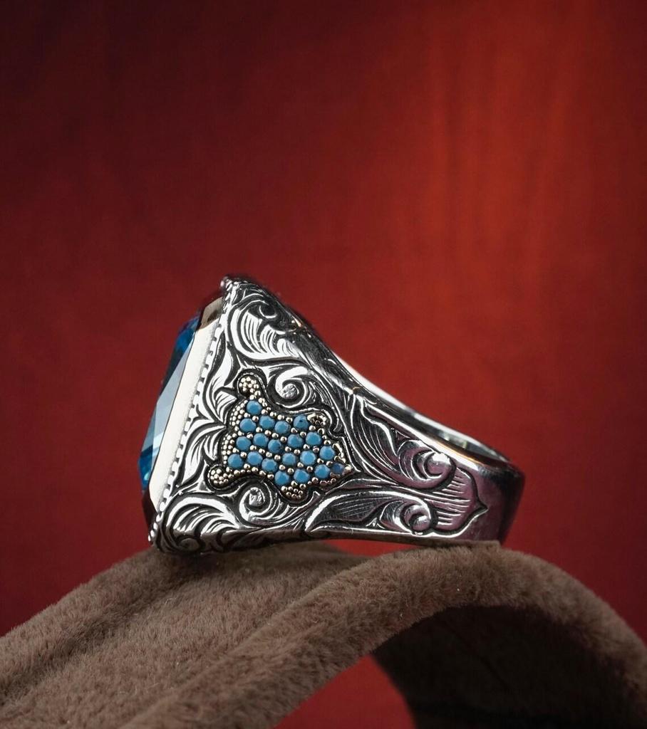 Hecheng Retro Ethnic Style Ring with Sea Blue Zircon Inlay