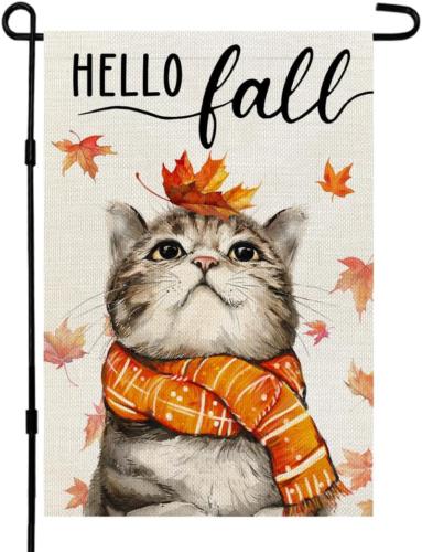 Hello Fall Cat Garden ag 12x18 Inch Double Sided for Outside Small Burlap Autu KKL AAL WZZ