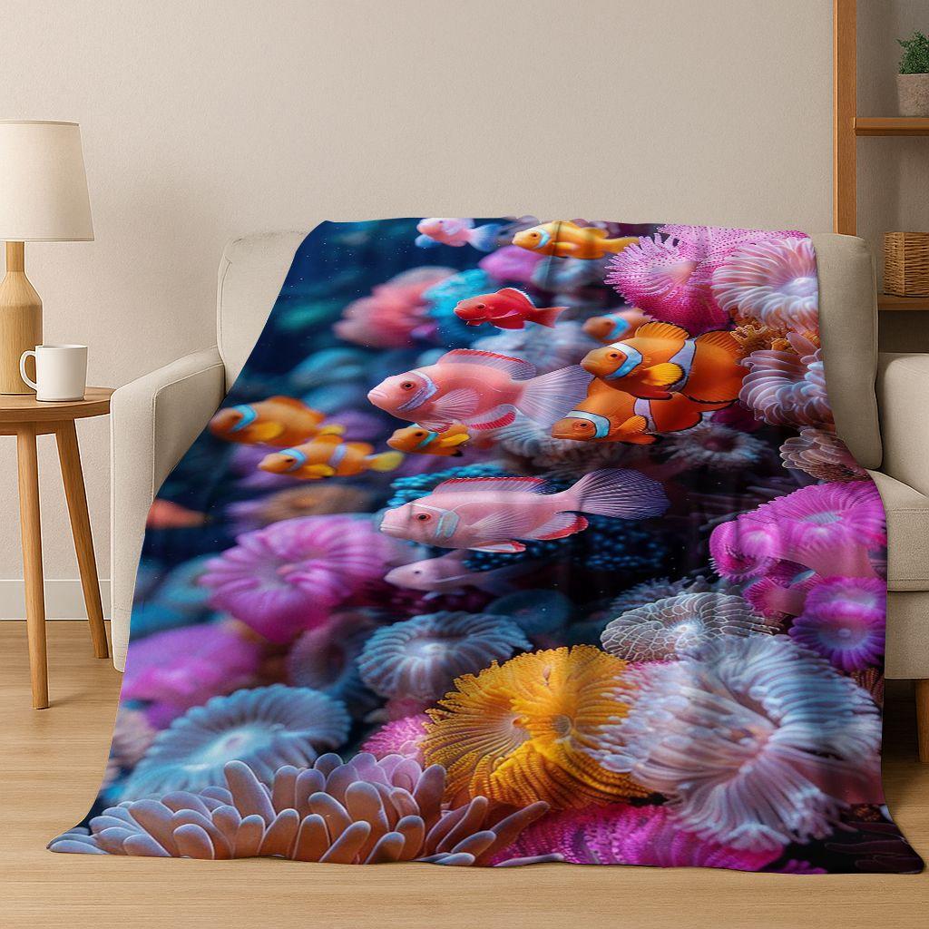 2026 New Underwater World Sea Dolphin Turtle Coral Art Flannel Blanket,Cozy Soft Throw Blanket for Home Bedroom Bed Sofa Kids