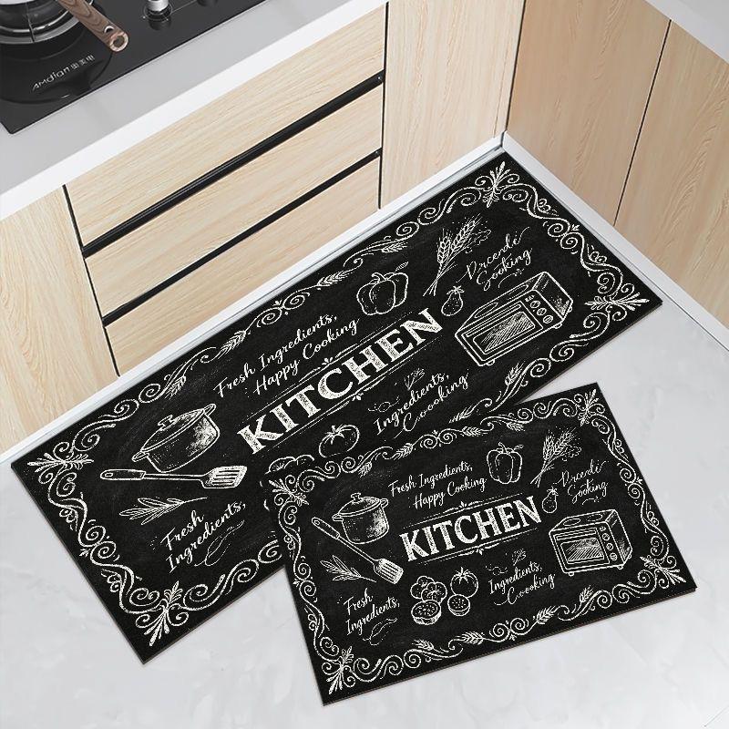 Black Chalkboard My Kitchen Rules Mat Set Waterproof Non Slip Runner Rug Hand Drawn Utensil Farmhouse Decor Carpet