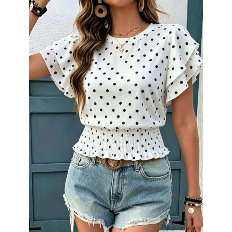Women Polka Dot Print Round Neck Ruffled Short Sleeve Smocked Waist Casual T Shirt Top