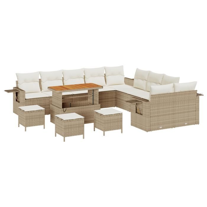 Ensemble de Canapé de Jardin Modular 14 Pièces avec Coussins Beige Rattan Poly Acacia, Ensemble de Salle à Manger de Jardin 3363761