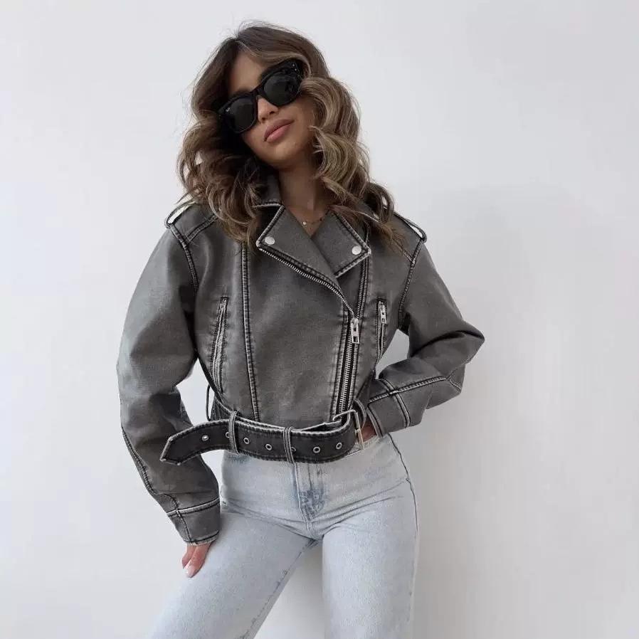 Women's Versatile Retro Leather Motorcycle Jacket - Short, Stylish Spring/Autumn Coat