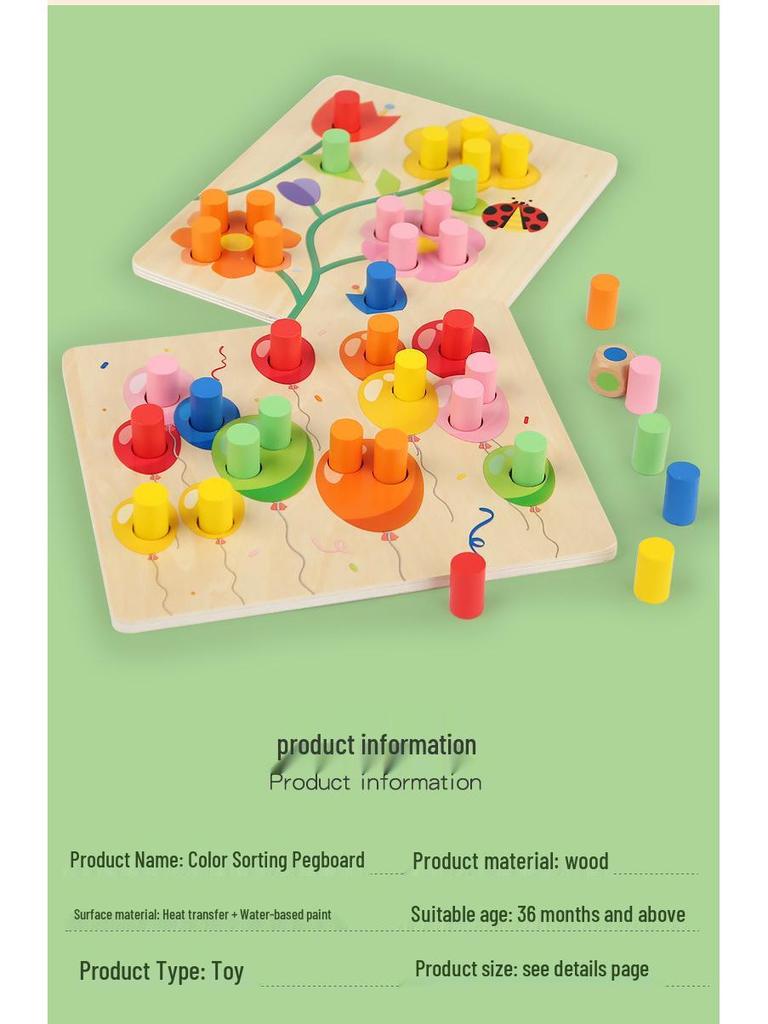 Montessori Color Sorting Pegs: Wooden Puzzle Game for Ages 2-3, Enhances Logical Thinking