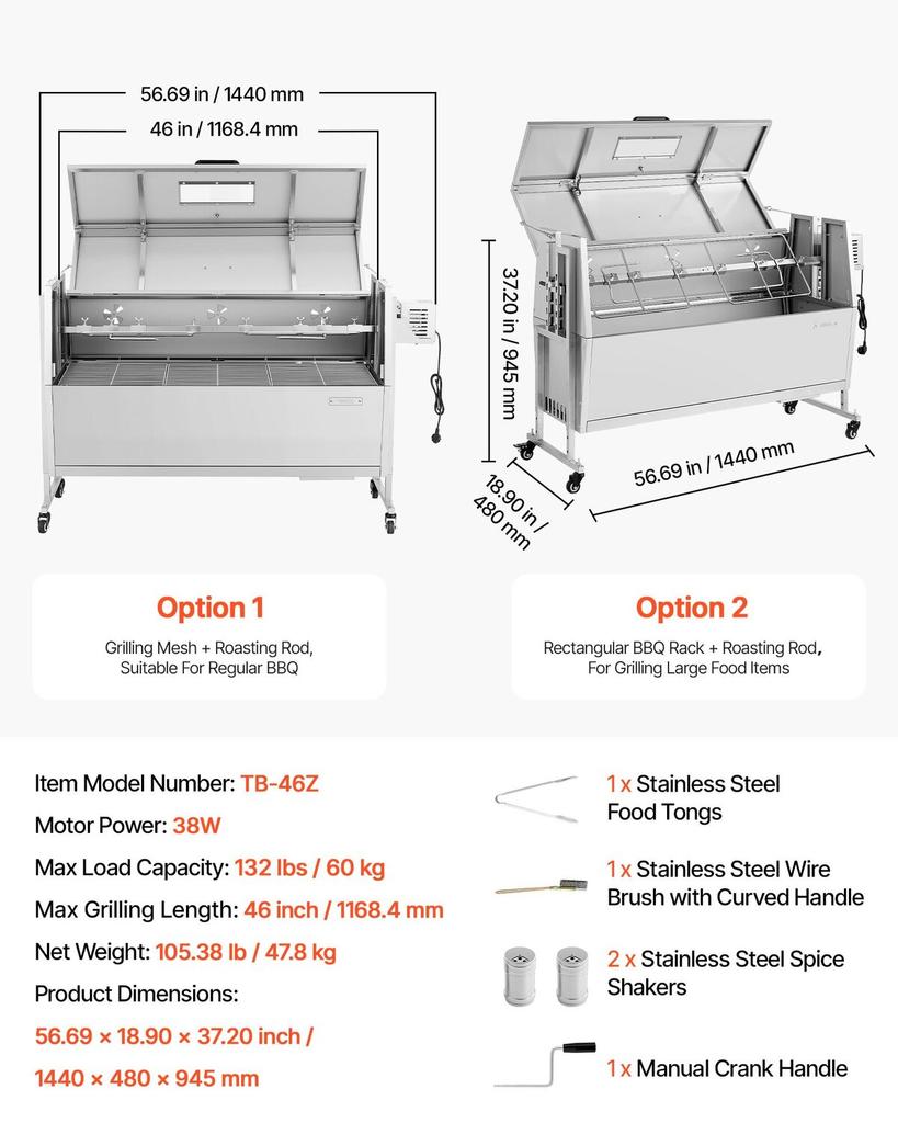Grill Rotisserie, 38W Grill BBQ Zewnętrzny Rożen do Wieprzowiny i Jagnięciny, Węglowy Rożen o Pojemności 60 kg, Kółka i 4 Poziomy Wysokości, Stal Nierdzewna