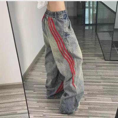 Unisex Striped Distressed Jeans - 2024 Spring Collection: Loose Wide-Leg Fit (Men & Women)