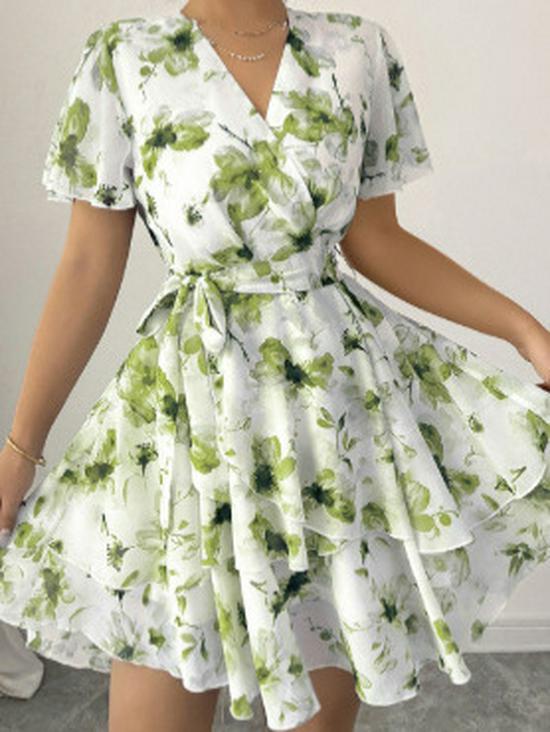 Elegant Floral Ruffled V-Neck Summer Dress - Women's Retro Holiday Style