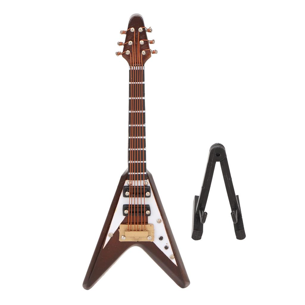 Wooden Miniature Electric Guitar Model with Stand and Case Coffee Mini Musical Instrument Model Decoration 10cm