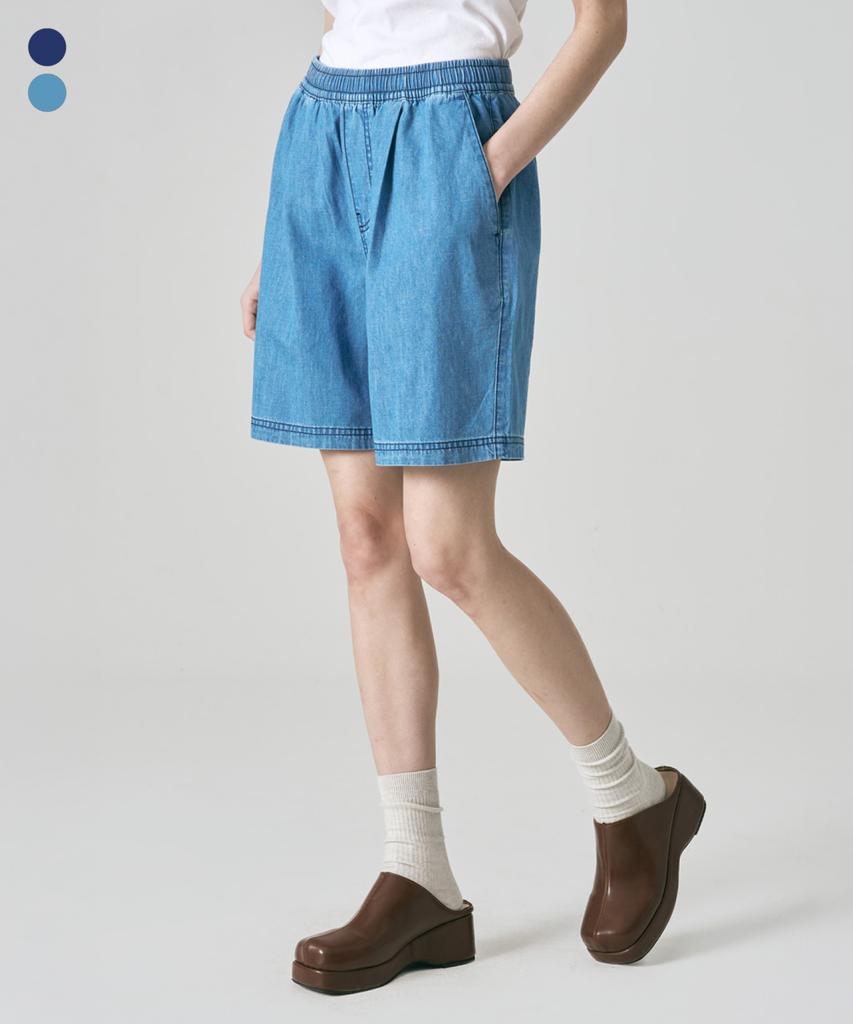 GROOVE RHYME Elastic Waist Single-Pleat Denim Shorts (2 Colors) (Lrrmddh315M)