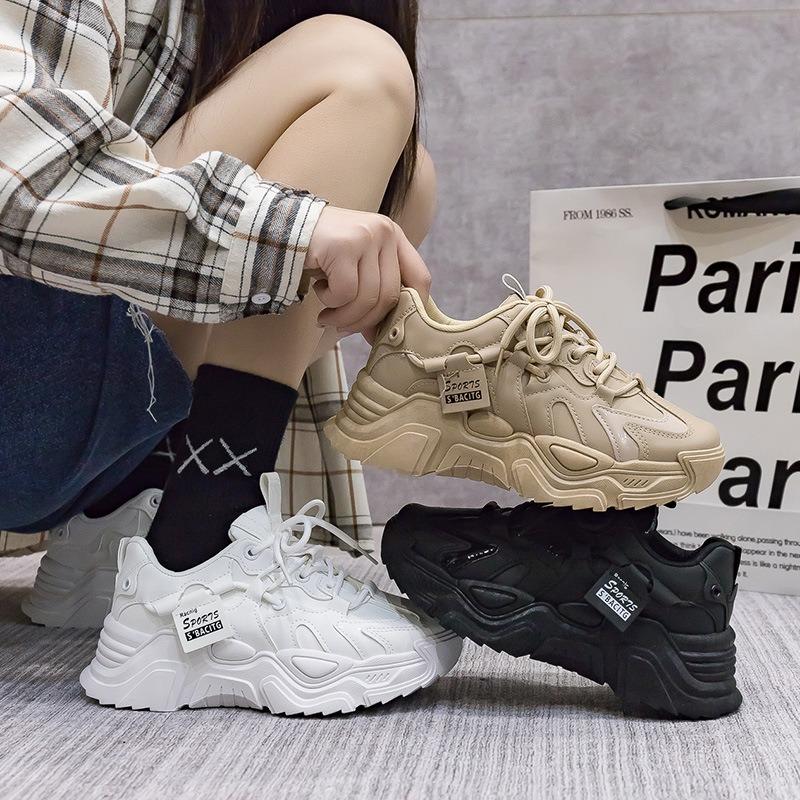Sneakers Women's Dad Shoes Women's Spring New Leather Trendy Versatile Black Platform Shoes