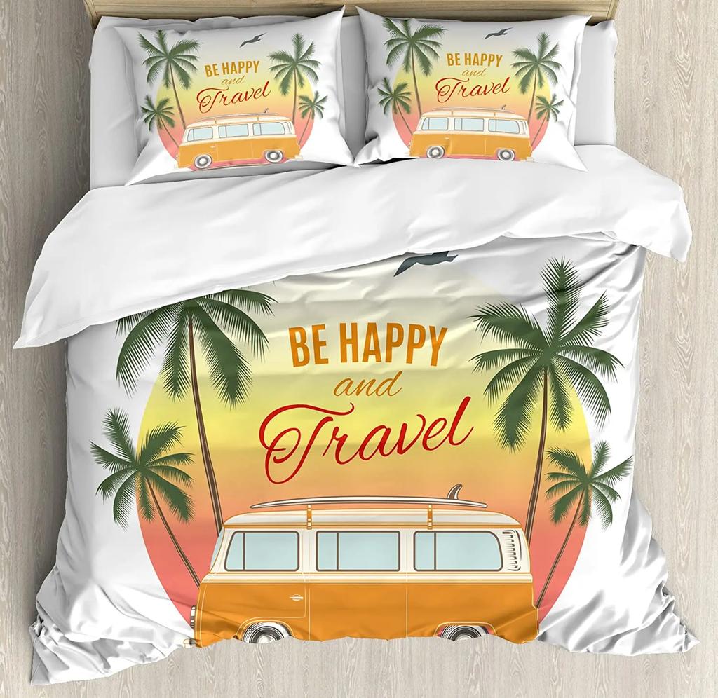 Surf Bedding Set Bed Home Hippie Classic Old Bus with Surfboard Freedom Holida Duvet Cover Quilt Cover Pillowcase For Bedroom