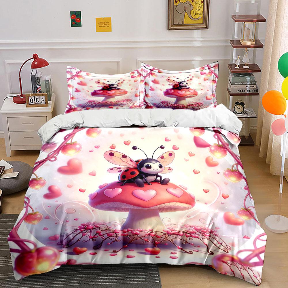 Ladybug Mushroom Romantic Decor Set Soft Comfortable Duvet Cover Bedding Set Included 1*Duvet Cover & 2*Pillowcases, Gift