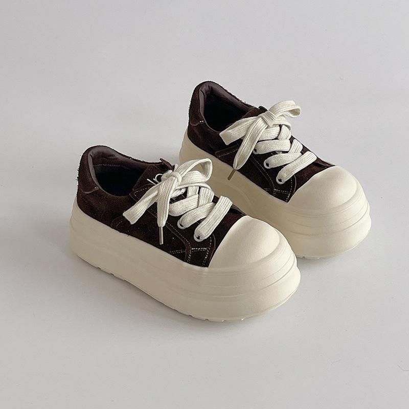 Fashion Versatile Round Head Thick Sole Heightening Commuter Suede Casual Shoes Women's 2025 Spring and Autumn New Big Head Thick Board Shoes